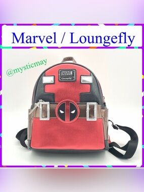 New LOUNGEFLY Marvel Deadpool Mask Red Metallic Faux Leather Mini Backpack Purse